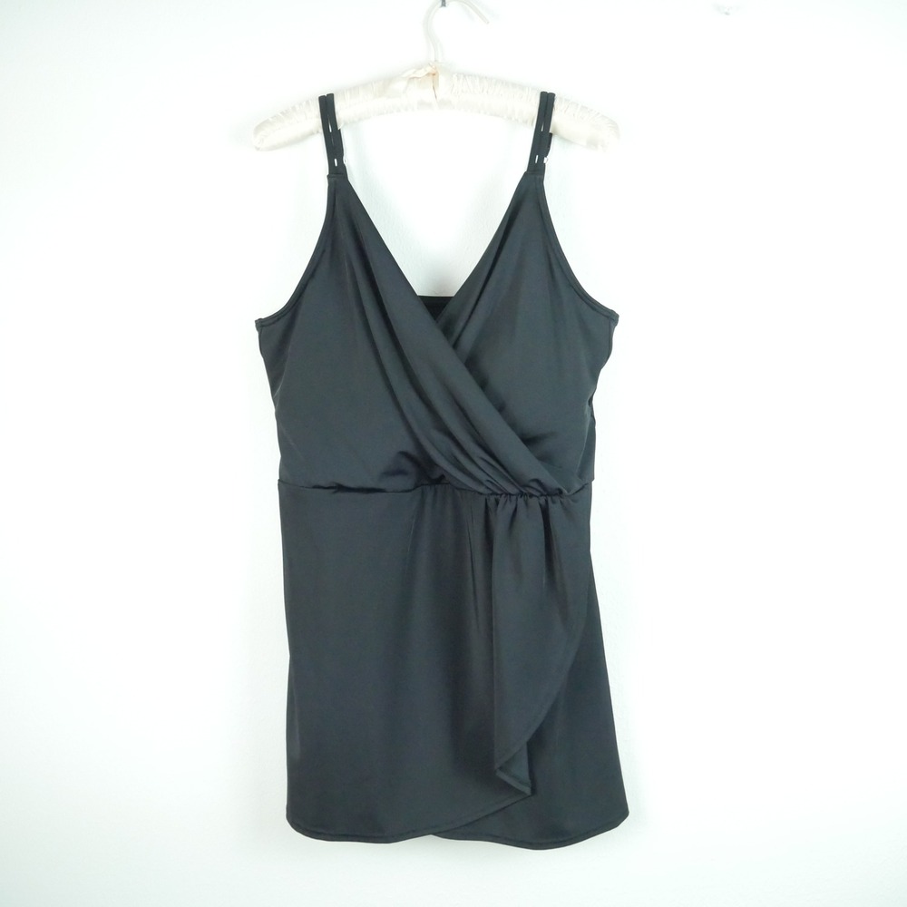 Lands End Black Surplice V-Neck Swim Dress One Piece Swimsuit Size L 14-16